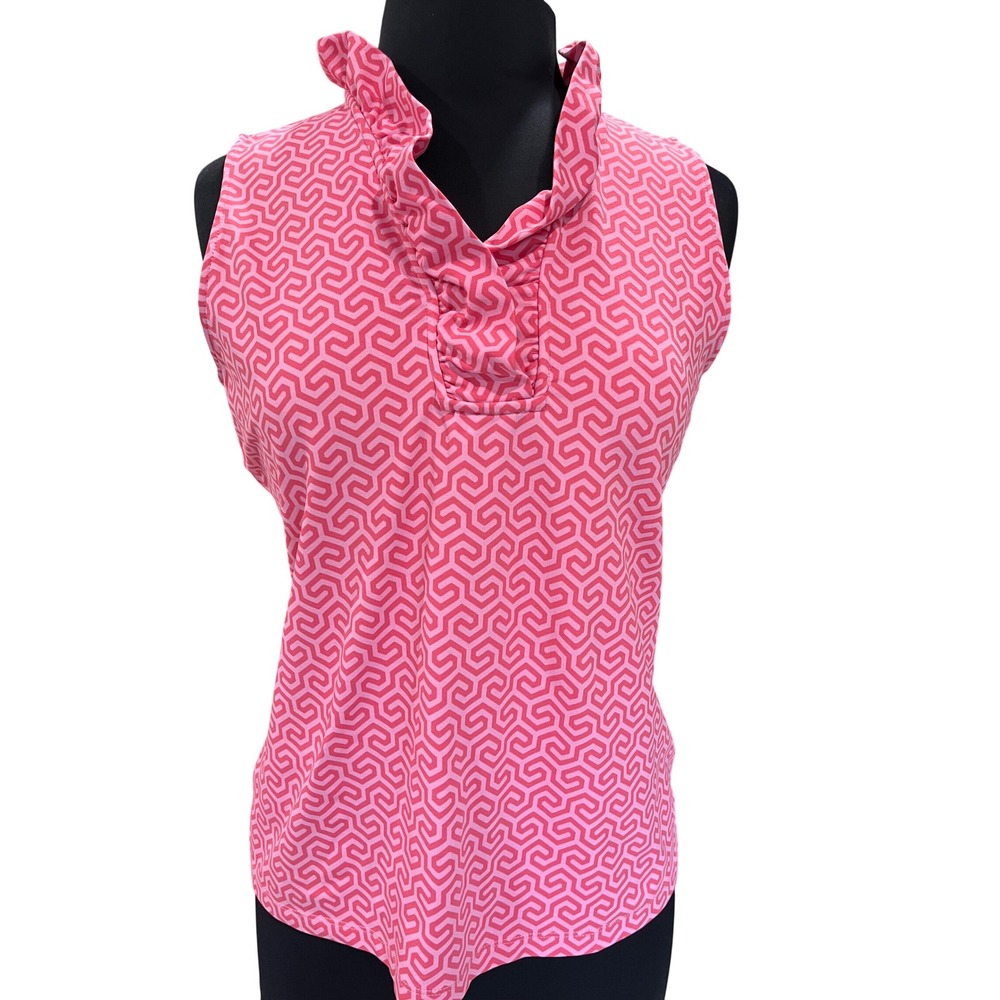 J.McLaughlin Pink Geometric Ruffle Neck Sleeveless Top Medium Golf Preppy